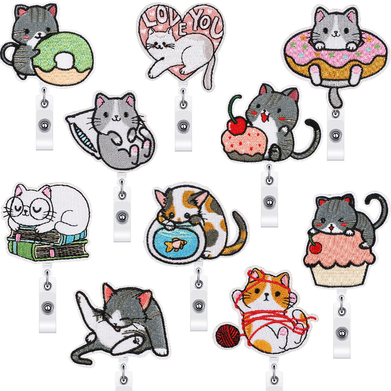 Gulungan Lencana Bordir Kucing Kartun Gulungan Lencana Dapat Ditarik Klip Saku Dada Kawaii untuk Tempat Kartu ID/IC Kartu Kerja