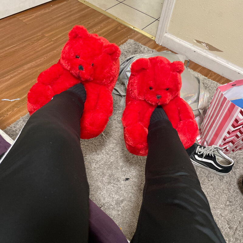 Sandal Lucu Bulu Imitasi Antiselip Lembut Dalam Ruangan Rumah Wanita Sepatu Hangat Musim Dingin Sandal Beruang Teddy Mewah Kartun US 5-10