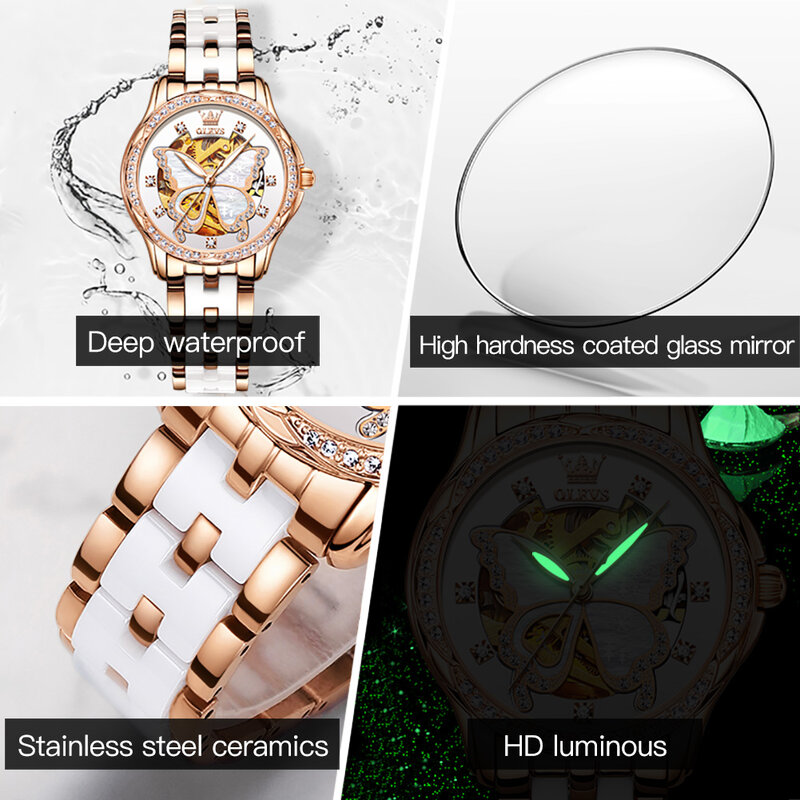 OLEVS pasek ceramiczny zegarek mody dla kobiet w pełni automatyczne luksusowe wodoodporne automatyczne mechaniczne zegarki damskie