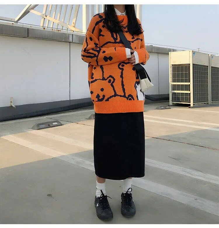 น่ารักการ์ตูนลำลองหลวมเสื้อกันหนาวผู้หญิงฤดูหนาวแฟชั่น Harajuku Vintage แขนยาวสีส้มถัก Pullover