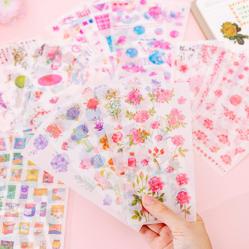 6Sheets/lot Kawaii 유니콘-어린이를위한 스티커 빈티지 꽃 장식 마스킹 스크랩북 접착제 학교 문구 용품