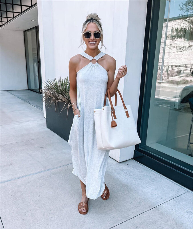 2022 Spring And Summer Hot Style European And American Off-the-shoulder Casual And Comfortable Halter Neck Long Pocket Dress