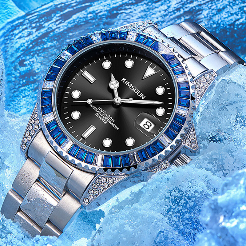 Berühmte Marke Silber blau Uhr Herren Luxus automatische Datum Stahl uhren Mode Regenbogen Diamant Uhren Uhr Relogio Masculino