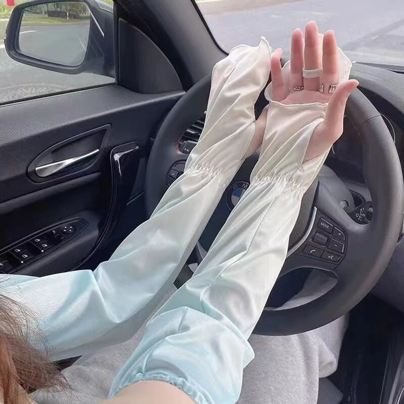 Guantes elásticos de conducción para mujer, manoplas largas sin dedos con gradiente, protección solar