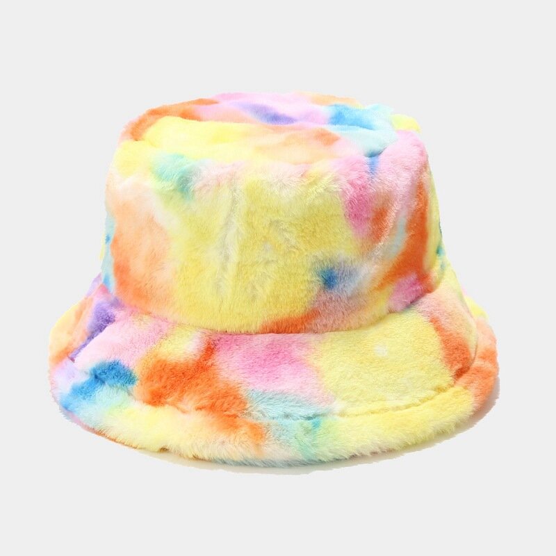 Autumn Winter Women Warm Faux Fox Fur Basin Cap Female Fashion Casual Furry Bucket hat Tie-Dyeing  Rainbow Thickened Hat