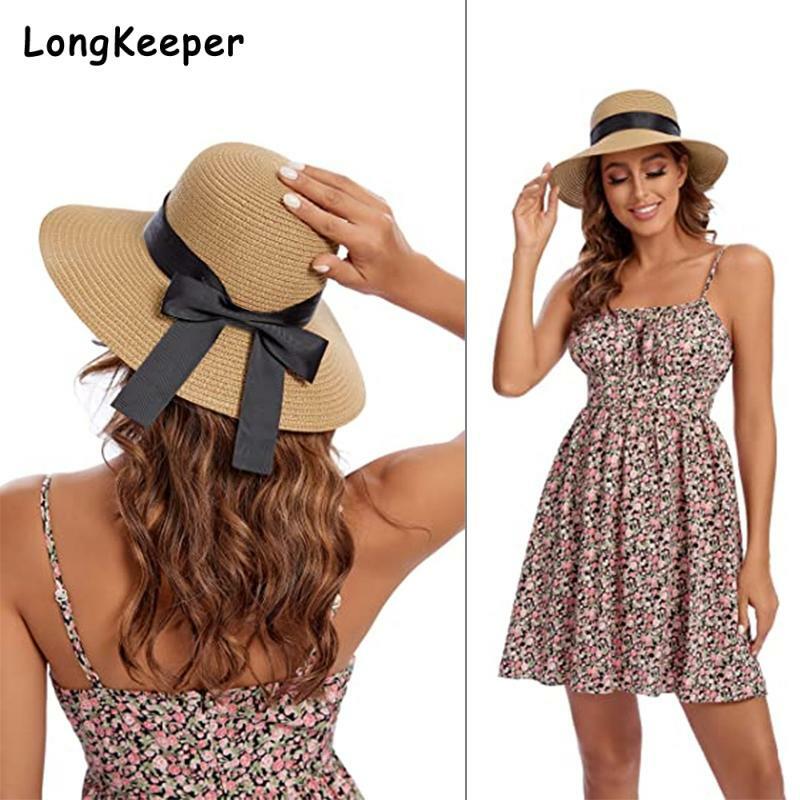Sombrero de paja plegable con ala ancha para mujer, sombrero de paja flexible, sencillo, para playa, protección UV, de viaje