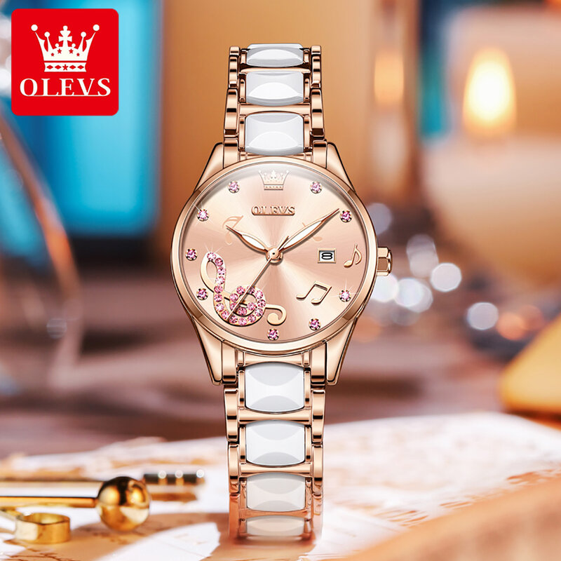 OLEVS Fashion Ceramics Rose Gold Diamond-encrusted Women Wristwatch Ceramic Strap Quartz Waterproof Watch for Women Luminous