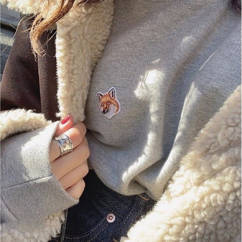 Sweter Pria Wanita Bordir Kepala Rubah Merek Atasan Nyaman Klasik Kasual Pullover Katun Leher O Lengan Panjang Baru Musim Gugur Musim Dingin