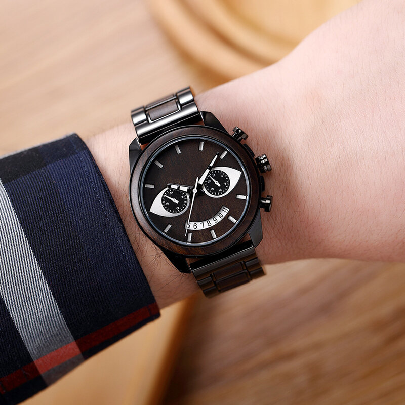 Wood Wrist Watch for Men Fashion Steel Wooden Multifunctional horloges mannen Quartz Trendy Smiley Ebony Men Watches uhr herren