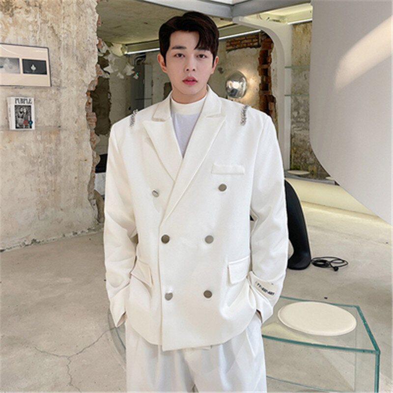 Chaqueta de traje Vintage para hombre, abrigo Original con cadena decorada, Blazer informal de doble botonadura, ropa de calle coreana para jóvenes