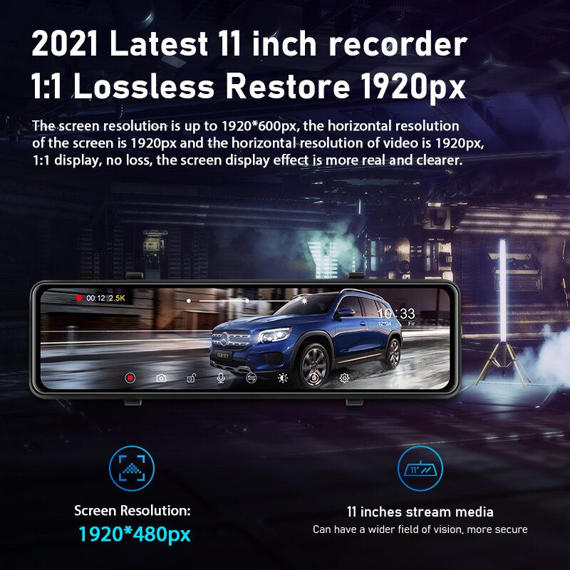 Jansite 11 inches 2K Car DVR Touch Screen Stream Media Dual Lens Video Recorder Rearview mirror Dash cam Front and Rear camera