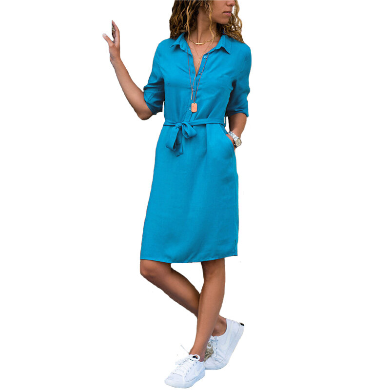 2021 새로운 패션 거꾸로 칼라 봄 셔츠 드레스 여성 3 분기 슬리브 여름 드레스 플러스 크기 캐주얼 루스 파티 가운