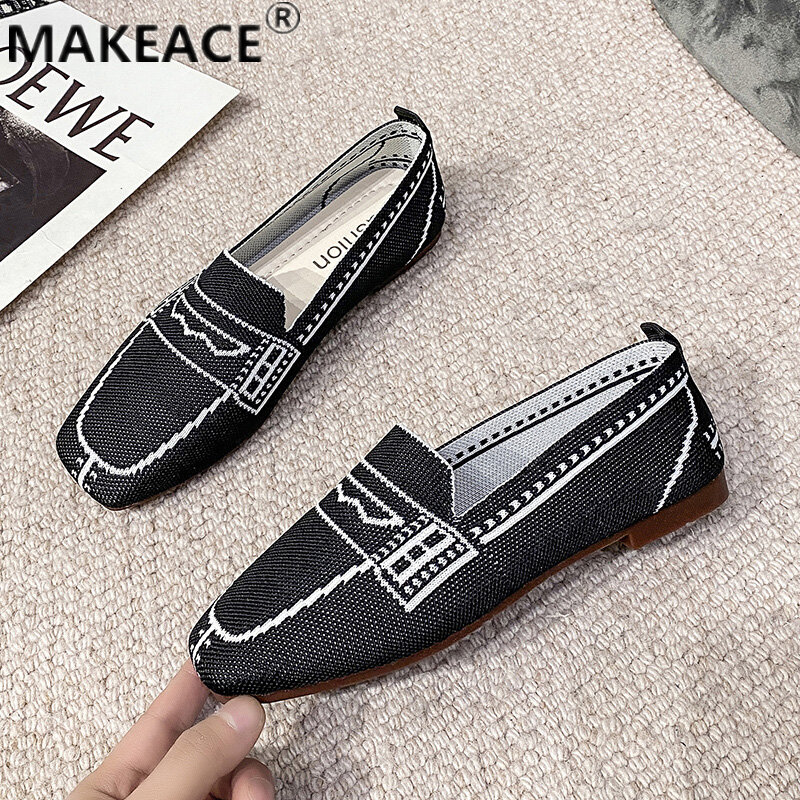 Women's Shoes Summer Flat Shoes Fashion Knit Breathable Women's Single Shoes 2021 New Soft Sole Loafers Mom Shoes Beans Shoes