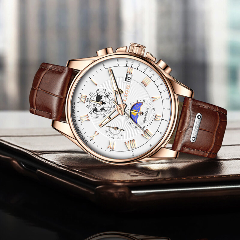LIGE – montre à grand cadran en cuir pour hommes, bracelet de luxe, étanche, Date, armée, Business