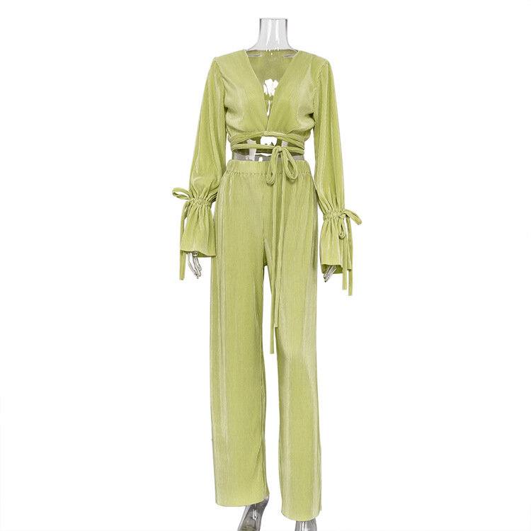 Adogirl Vintage plisowana projektant wiosna dwuczęściowy zestaw długi, rozszerzony rękaw bluzka sznurowana typu Crop Top szerokie spodnie nogi Streetwear moda garnitur