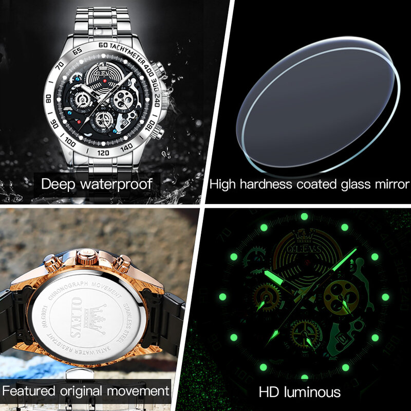OLEVS Waterproof Fashion Watch for Men Multifunctional Large Dial Luxury Stainless Steel Strap Quartz Men Wristwatches Luminous