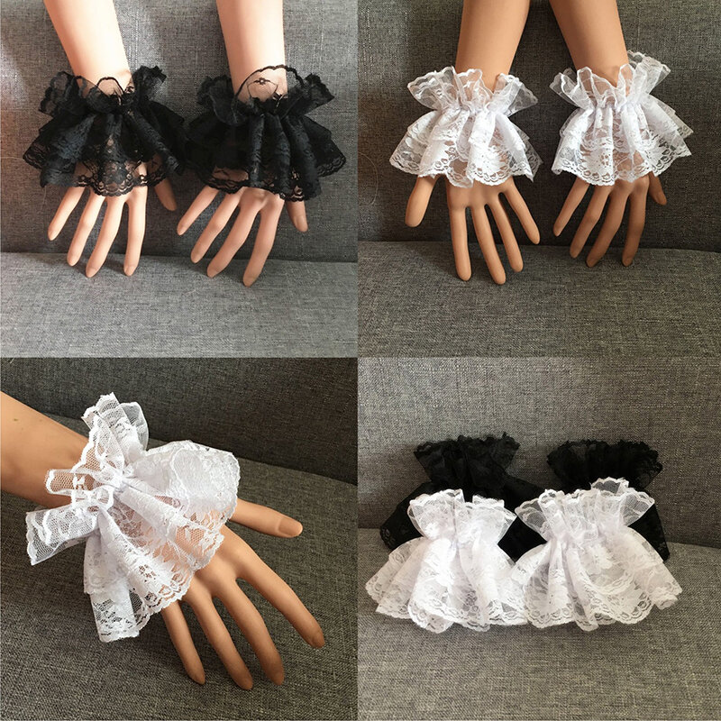ลูกไม้ถุงมือ Steampunk Lolita มือข้อมือแขนข้อมือ Cuffs Ruffled Floral สีดำสร้อยข้อมือสุภาพสตรีฮาโลวีนสั้นถุงมือ