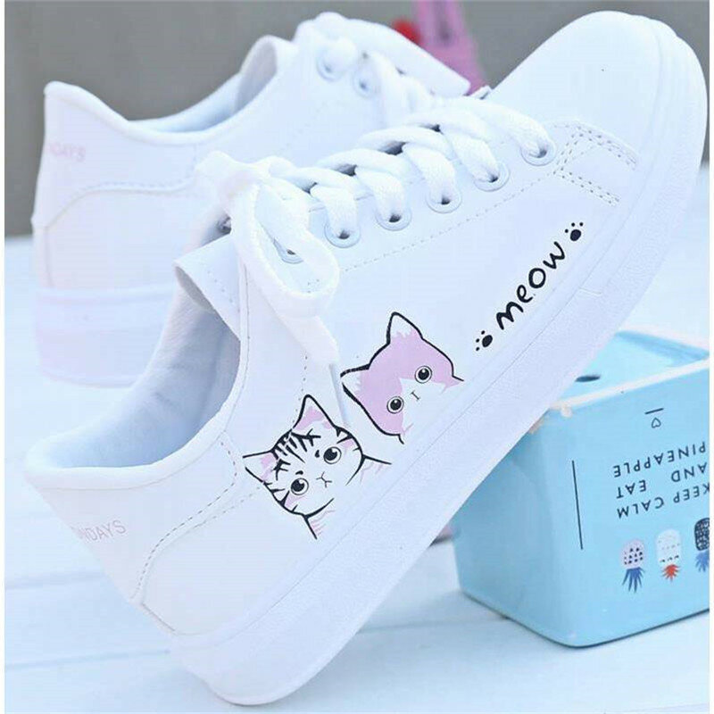 2020 nova chegada da moda rendas-up das sapatilhas das mulheres sapatos casuais impresso verão feminino pu sapatos bonito gato lona sapatos
