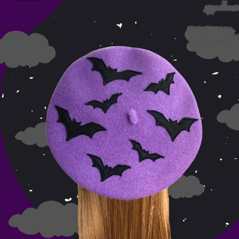 2023 New Women's Beret Ghost Dress Up Halloween Pumpkin Beret Female Warm Winter Embroidered Bat Hat