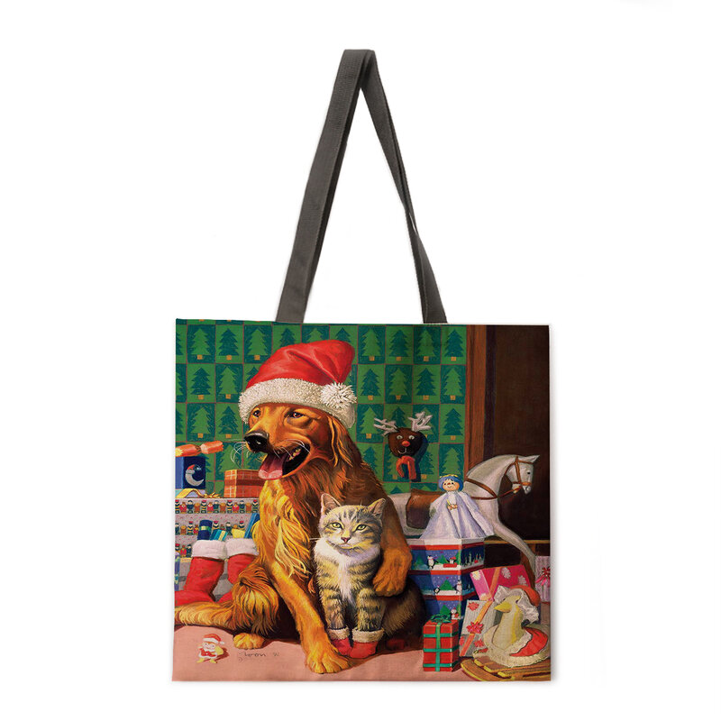 Saco de compras reutilizável natal impressão animal bolsa de ombro das mulheres saco de linho saco de praia ao ar livre bolsa diária