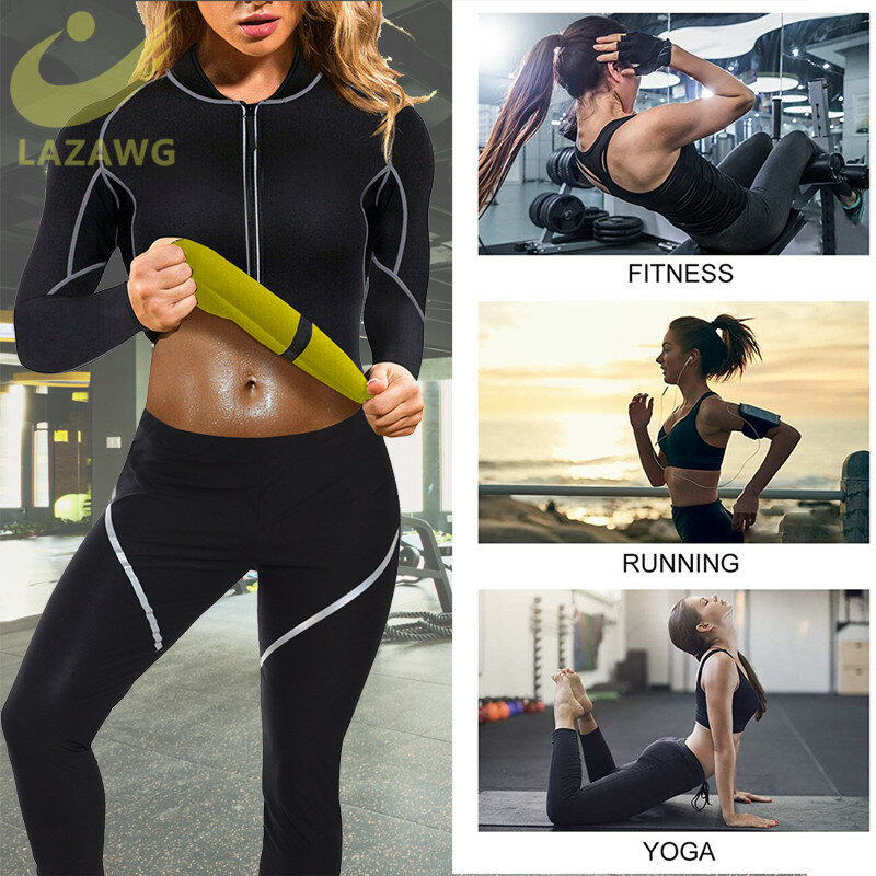 LAZAWG Women Body Shaper Sets Neoprene Sauna Sweat Weight Loss Suit Slimming Hot Thermal Long Sleeve Legging Training Shapewear