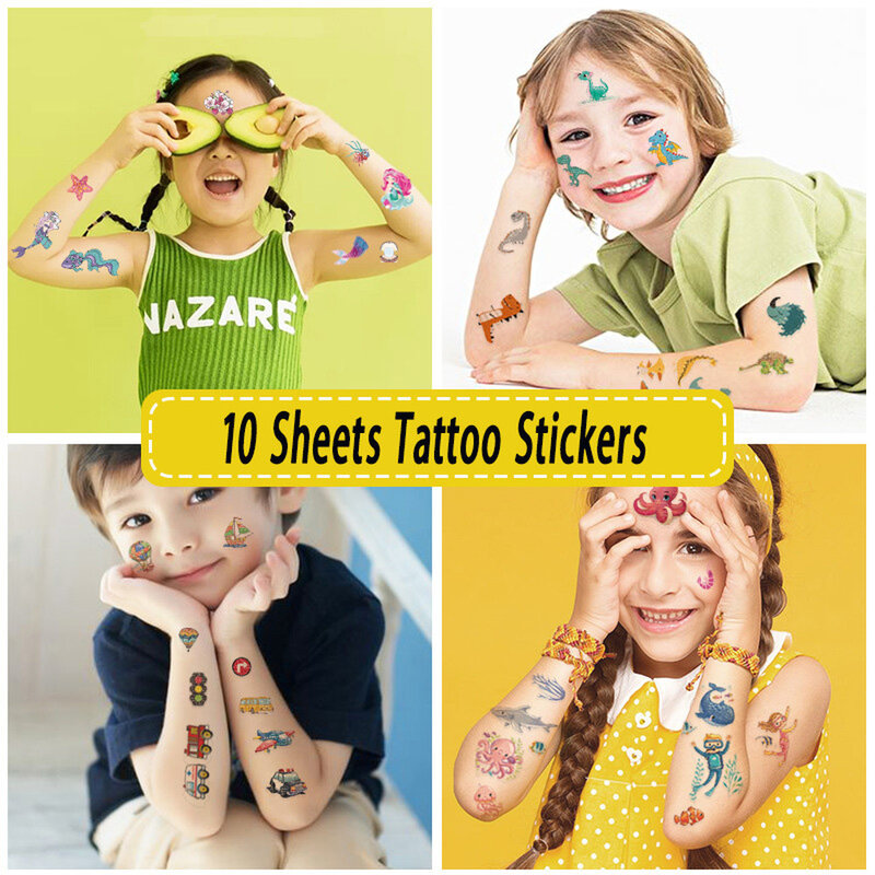 10 fogli/set adesivi per tatuaggi temporanei per bambini unicorno simpatico cartone animato Baby Shower bambini Body Makeup Sticker tatuaggi calcio