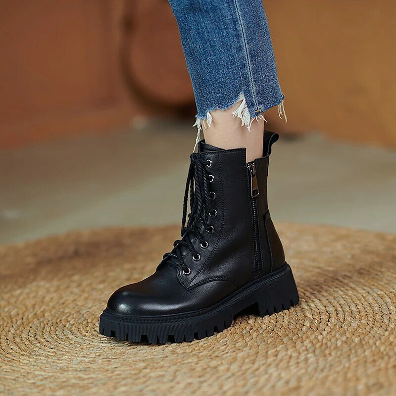 Ins botas de tornozelo feminino quente 22-245cm couro superior sapatos outono e inverno senhoras botas curtas punk lado zip motociclista botas