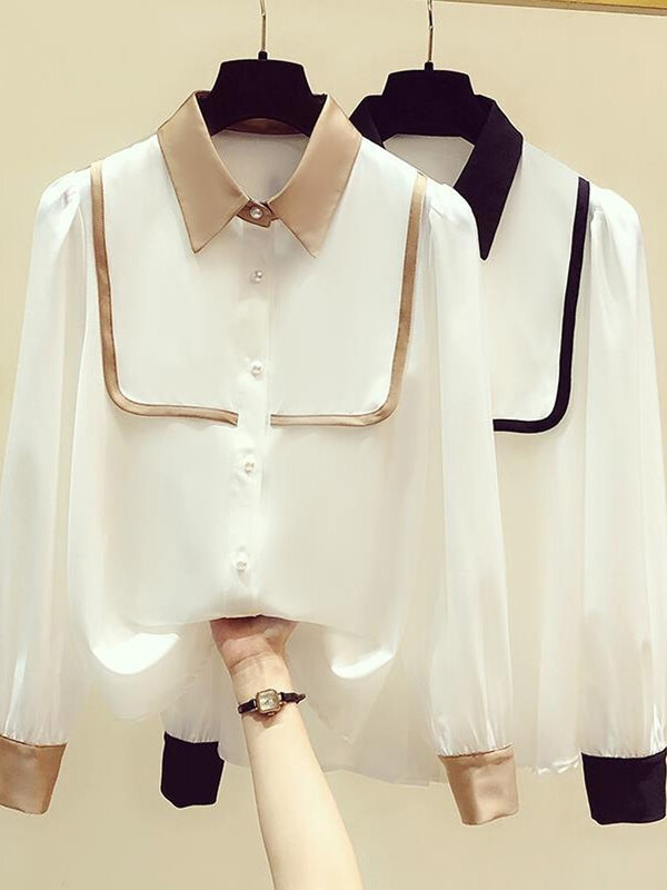 Женская однобортная блузка с длинным рукавом, Классическая универсальная блузка контрастных цветов, 2022