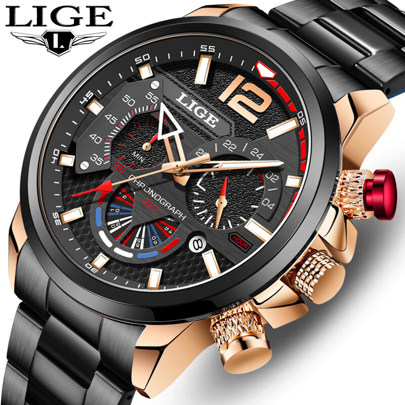 Часы наручные LIGE Мужские кварцевые, модные брендовые Роскошные спортивные с хронографом из нержавеющей стали
