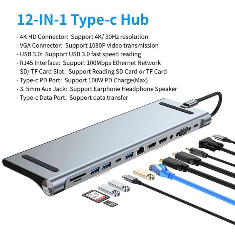 RYRA-12 인 1 타입 C 허브, USB 2 HDMI 호환 4K RJ45 SD, TF VGA USB 3.0 케이블 분배기 도킹 스테이션 어댑터 (오디오 포함) 3.5mm