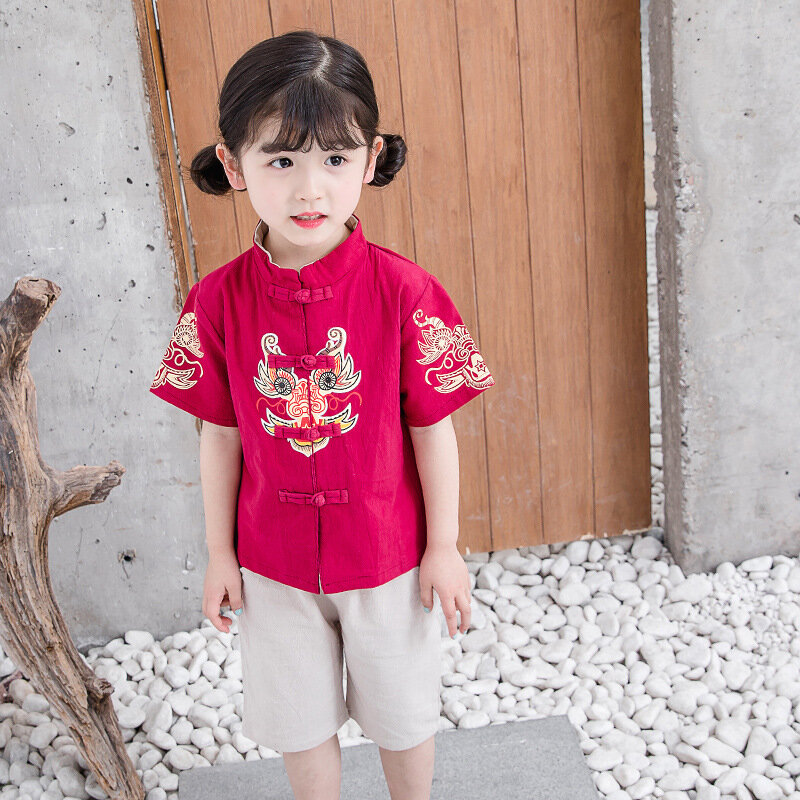 Летний китайский костюм Тан из хлопка и льна для мальчиков и девочек с вышивкой дракона топ с коротким рукавом Брюки Комплект Детская китайская Новогодняя одежда