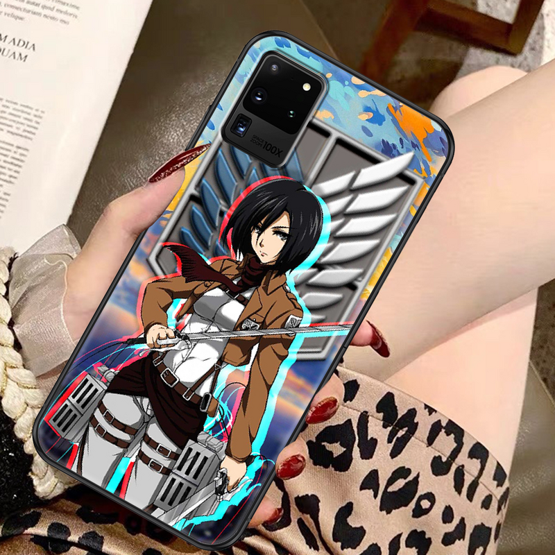 Mikasa ackerman anime caso de telefone para samsung galaxy note 4 8 9 10 20 s8 s9 s10 s10e s20 plus uitra ultra preto bonito pára-choques