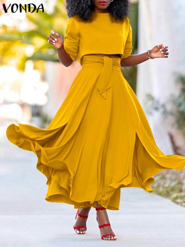 VONDA – robe d'été élégante pour femmes, ensemble décontracté à manches longues et à taille haute, jupe longue plissée, couleur unie, costume de fête, 2022