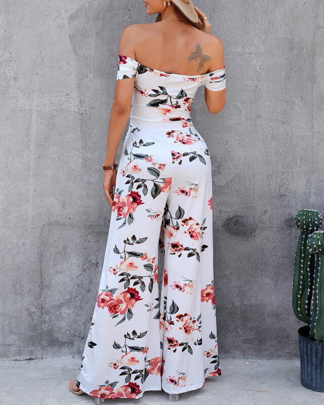 New Summer Holiday Sexy Off Shoulder Ruched Floral Wide Leg Long Pants Women's Jumpsuit 2021 Summer Casual Clothings Streetwear
