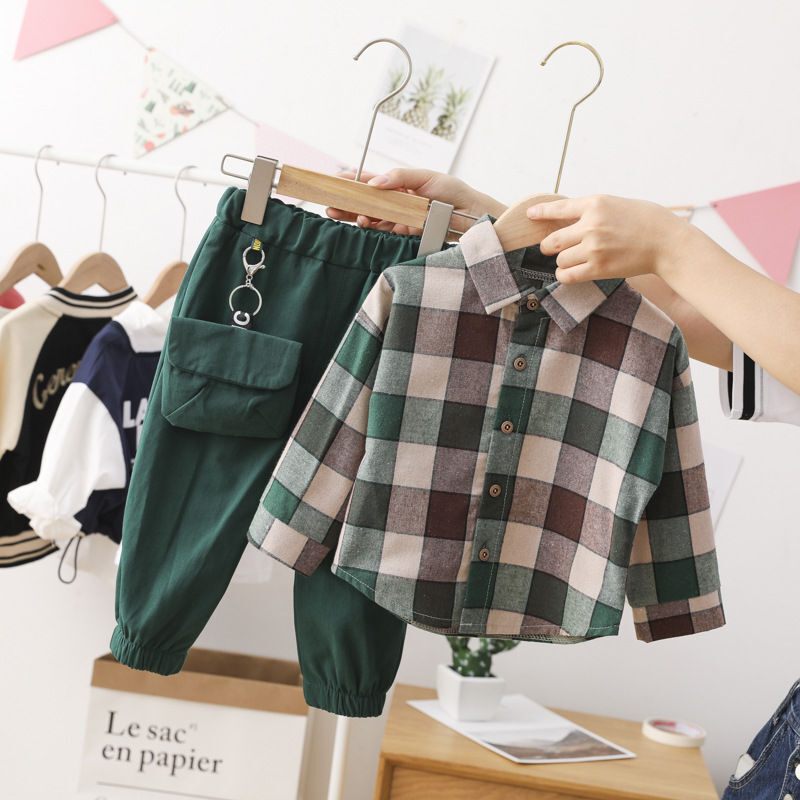 Conjunto de ropa de algodón para niños pequeños, camisa de solapa a cuadros y pantalones para otoño e invierno, 2 piezas