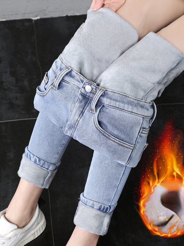 Calça jeans de forro elástico de lã feminina, calça jeans térmica, perneiras azuis, preta, cintura elástica, calça fina, quente, outono, inverno, fêmea