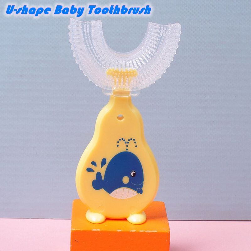 Bonito dos desenhos animados 360 graus handheld bebê crianças dentes cleaner u-forma escova de dentes do bebê cuidados orais crianças silicone escova de dentes