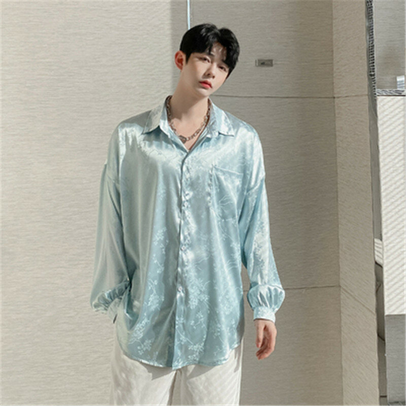 Рубашка мужская оверсайз с длинным рукавом, шелковистая атласная жаккардовая рубашка с принтом, свободная блузка, уличная одежда в Корейском стиле, 2022
