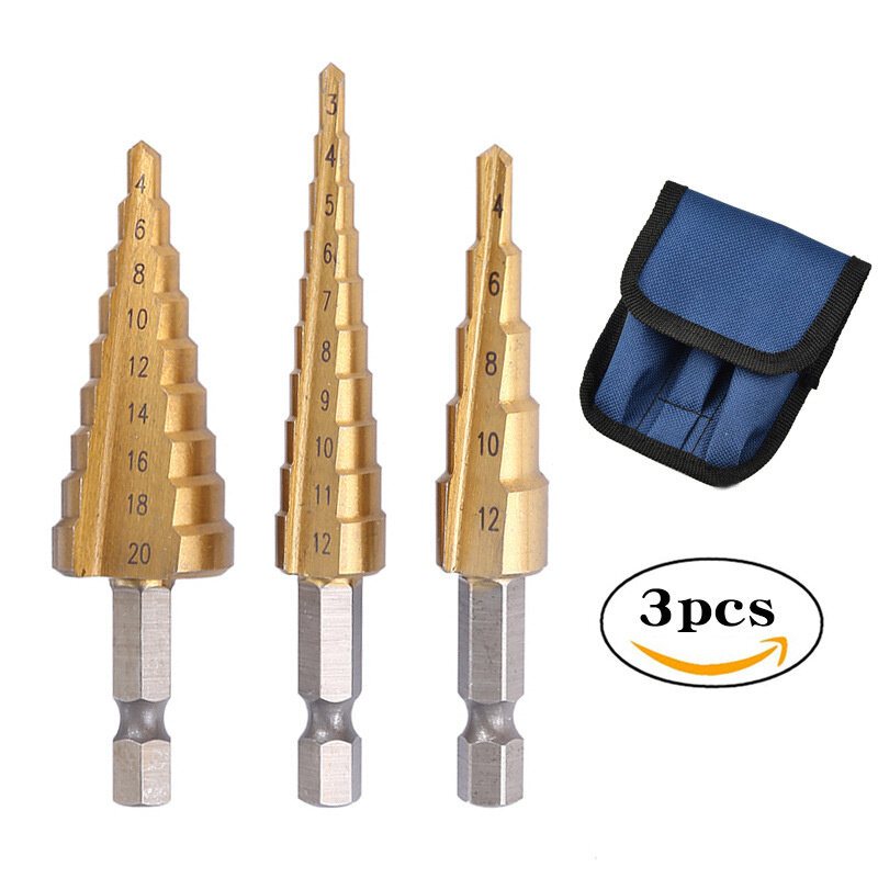 3-12/ 4-12/ 4-20mm HSS Titanium Coated Step Drill Bits Sets Straight Groove Step Wood Metal Hole Cutter Core Cone Drilling Tools