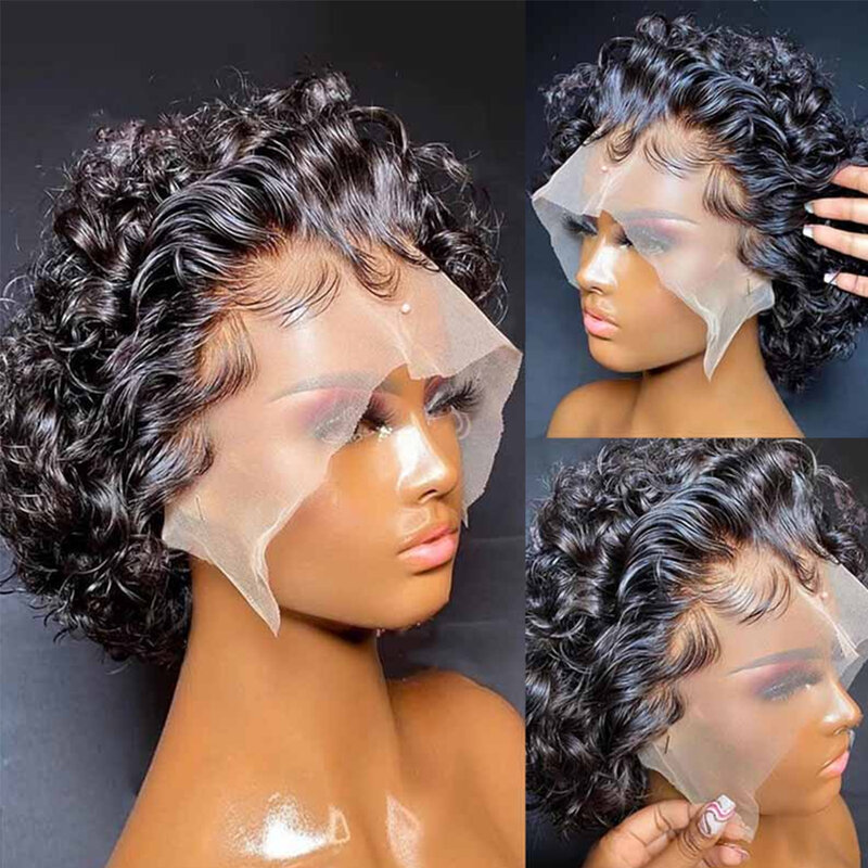 Pixie corte curto encaracolado peruca de cabelo humano brasileiro curto pixie corte onda 13x1 transparente rendas frontal perucas de cabelo humano tthair