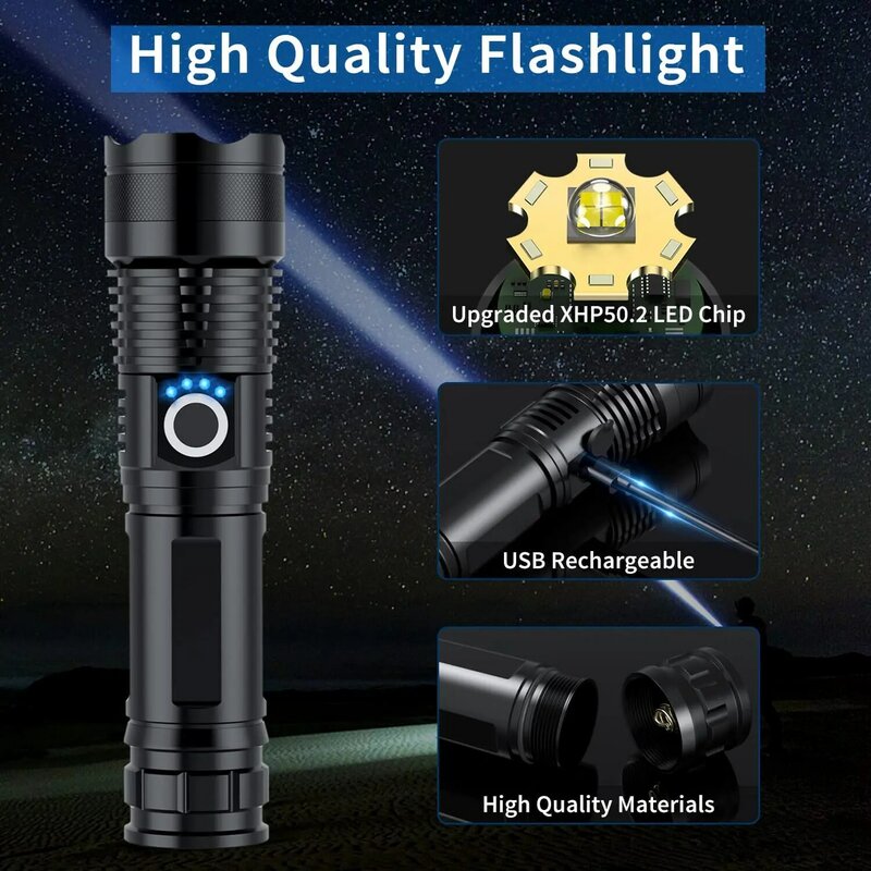 Xhp50 torcia più potente Flash light 5 modalità Usb Zoom Led torcia Xhp50 18650 o 26650 batteria campeggio, pesca