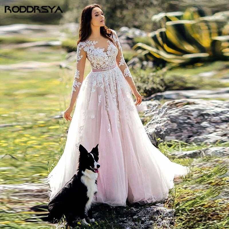 Винтажное свадебное платье с длинным рукавом, ТРАПЕЦИЕВИДНОЕ платье невесты, прозрачные Свадебные платья на пуговицах с иллюзией, кружевной наряд со шлейфом