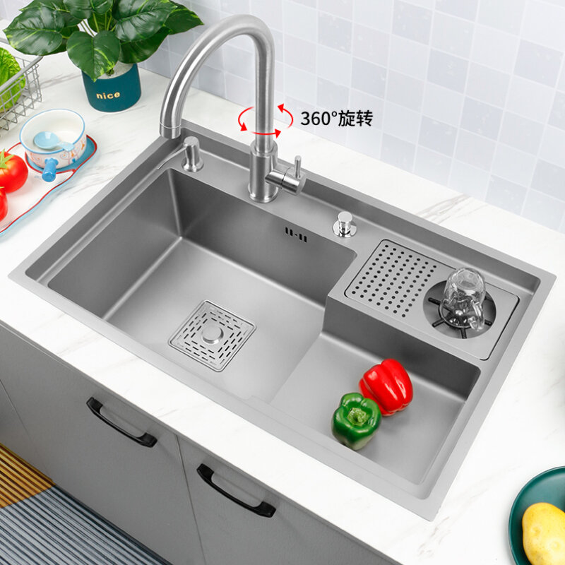 High pressure cup washer nano 304 stainless steel sink kitchen stepped vegetable wash basin large single slot gun gray