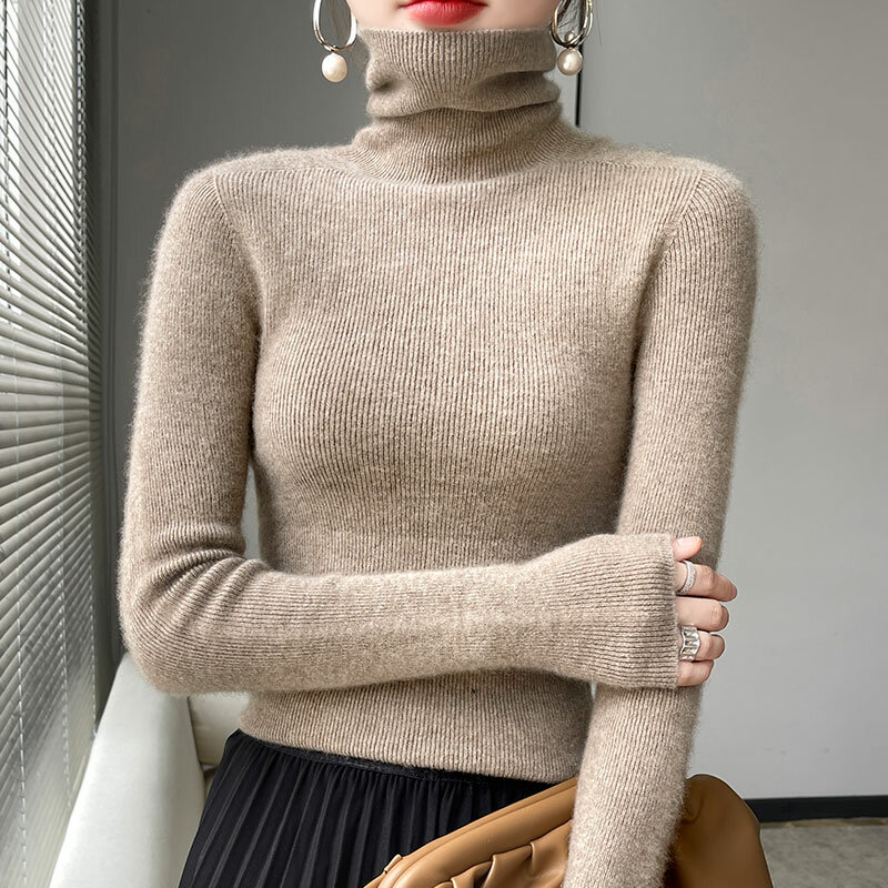 Jersey de punto de lana de cuello alto sin costuras para mujer, ropa de primera línea lista para usar, primavera y otoño, nuevo suéter delgado de Color sólido