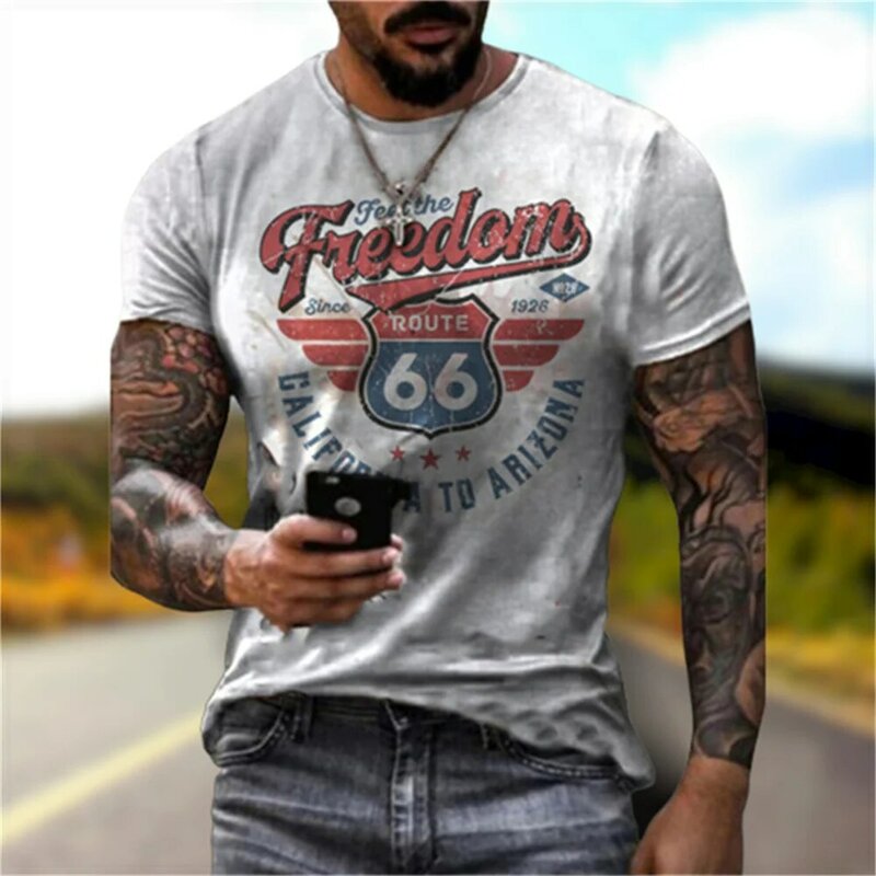 Zomer Vintage Heren T-Shirt Streetshirt 66-weg 3d Bedrukt T-Shirt Voor Mannen Mode Korte Mouwen O-hals Oversized Mannelijke Kleding