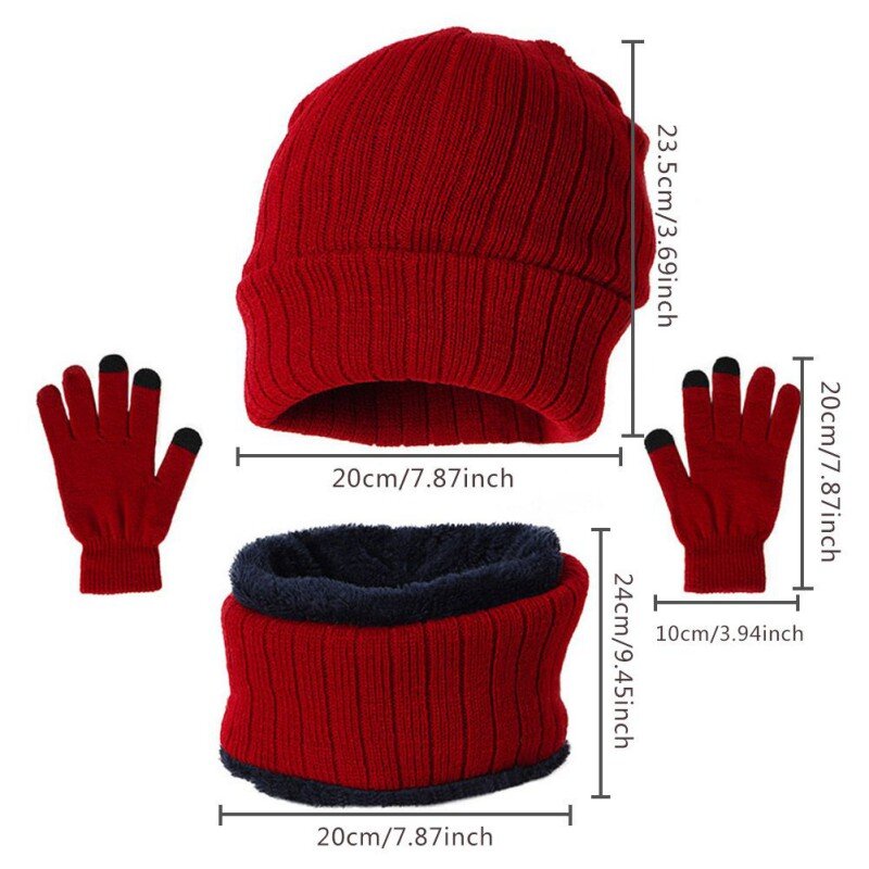 Winter Thermal Suit 3Pcs Knitted Beanie Scarf And Touch Screen Gloves Set Solid Color Warm Skull Cap Gifts For Men Women