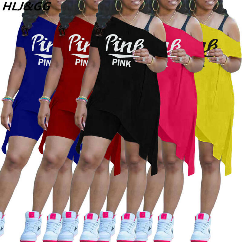 Fagadoer Casual Zomer Trainingspak Vrouwen Roze Brief Print Outfits 2 Stuk Sets Een Schouder Onregelmatige Top Shorts Sport Streetwear