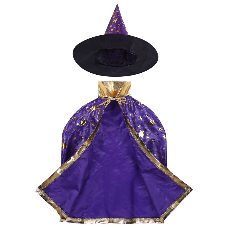어린이 할로윈 의상 마녀 마법사 망토, 뾰족한 모자 세트, 애니메이션 코스프레 파티 별 패턴, 소녀 소년 마술사 복장