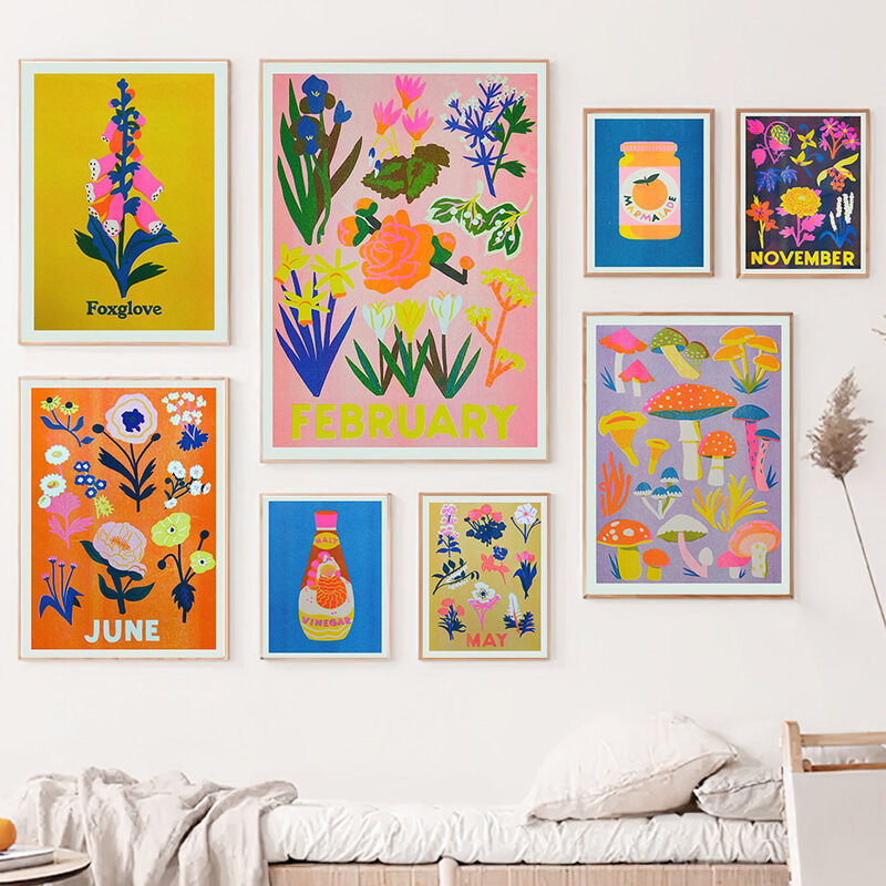 Dekorasi Ruang Tamu Gambar Cetak Poster Nordic Lukisan Kanvas Seni Dinding Sarung Tangan Bunga Agustus Dapat Cuka Selai Jeruk Jamur