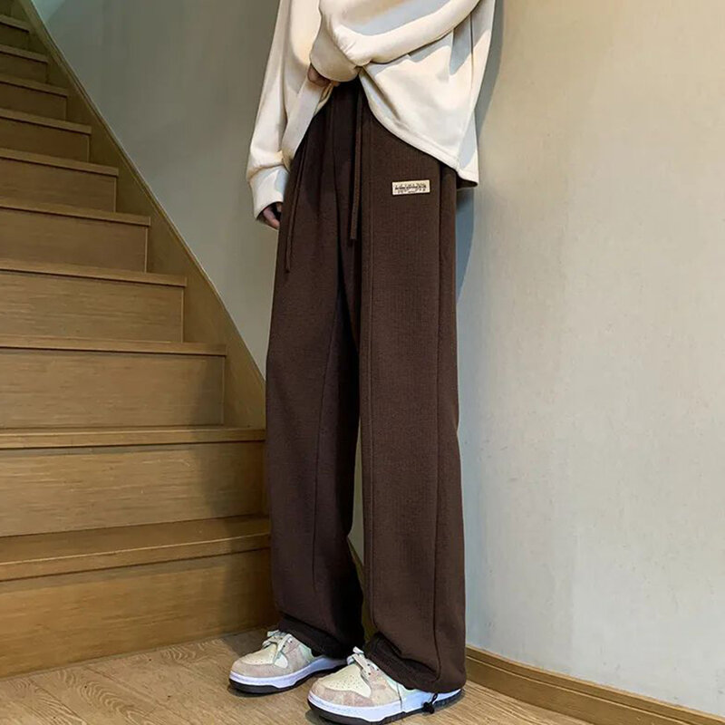 Tide แบรนด์วาฟเฟิล Oversize Casual กางเกงใหม่ผู้ชาย Street สไตล์อเมริกันสีทึบกางเกงขาทรงกระบอก High-End Niche Wideleg กางเกง